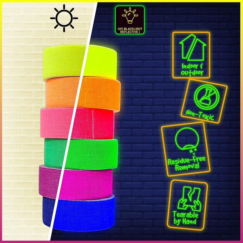 Dexam 6-Pack Neon Gaffer Tape - 0.6 or 1 inch UV Blacklight Reactive Glow in The Dark Tape, Best for Parties, Dance Floors, Theaters & DIY Projects - 6 Vibrant Colors - Image 2
